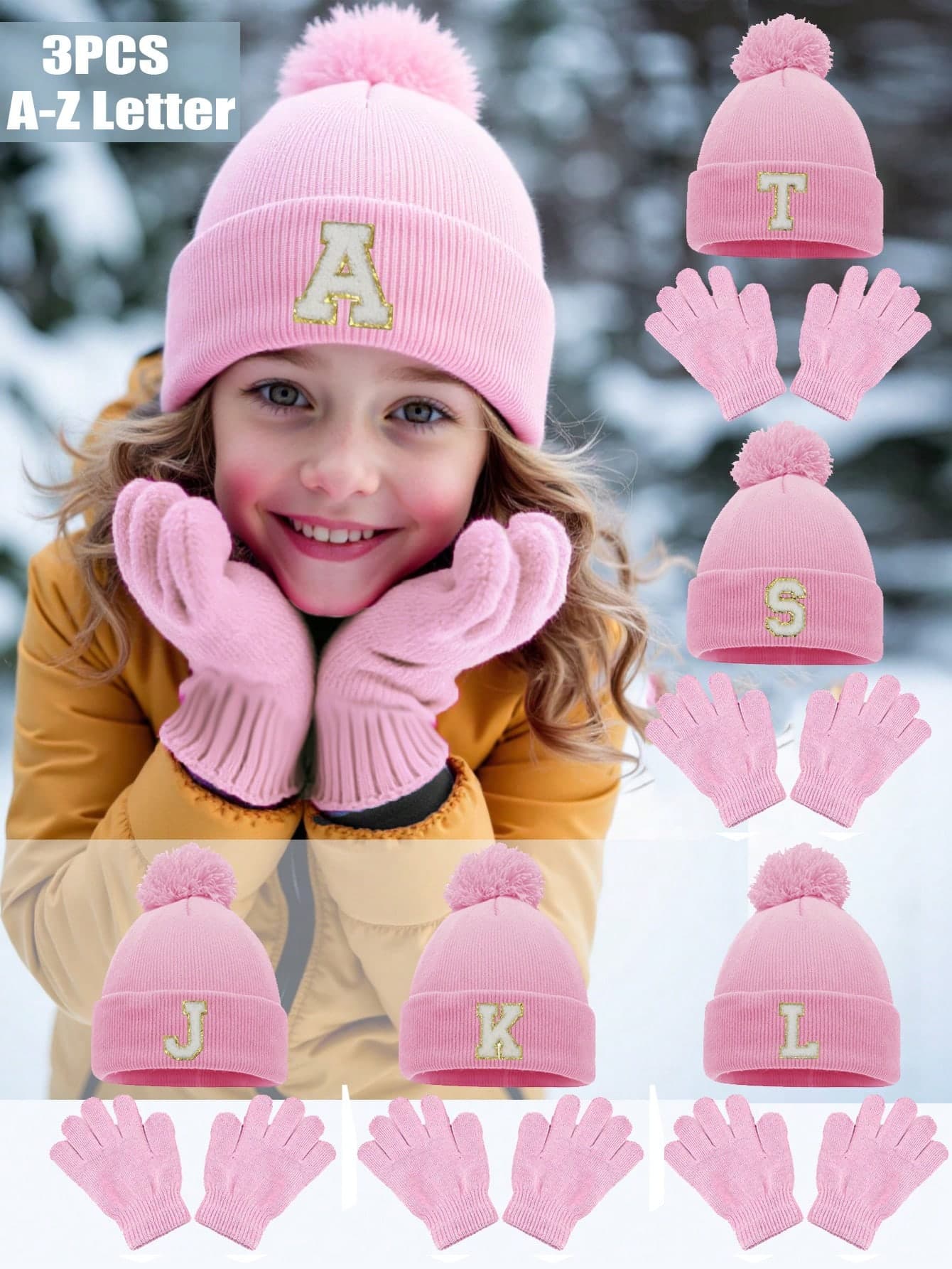 3pcs Kids Knitted Hat And Gloves Set, A-Z Letter Pattern, Warm Winter Cap, Suitable For 3-8 Years Old Toddlers Daily Wear