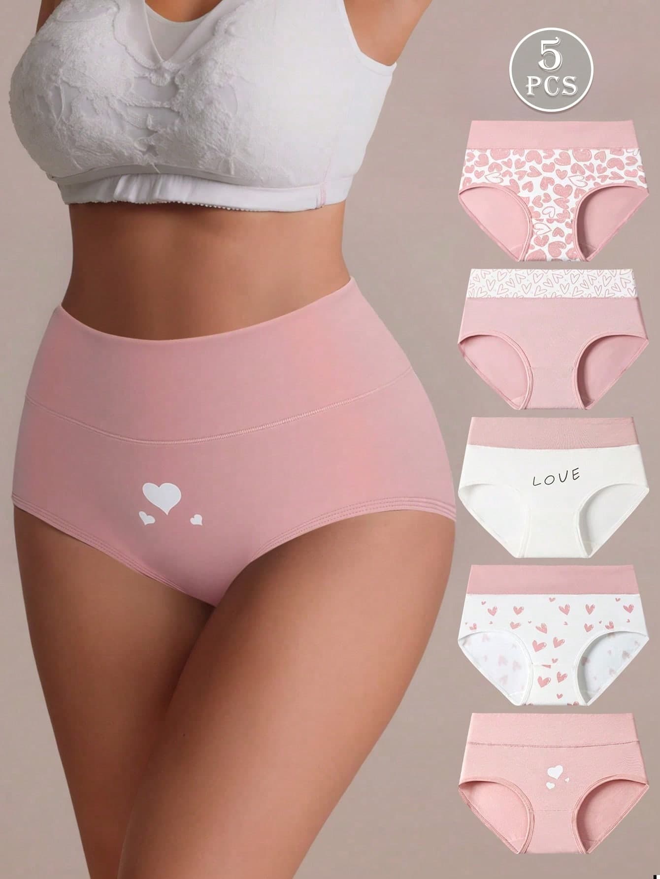 5pcs/Pack Women Plus Size High Waist Cotton Heart Print Briefs, Casual Comfortable Minimalist Soft Skin-Friendly Panties