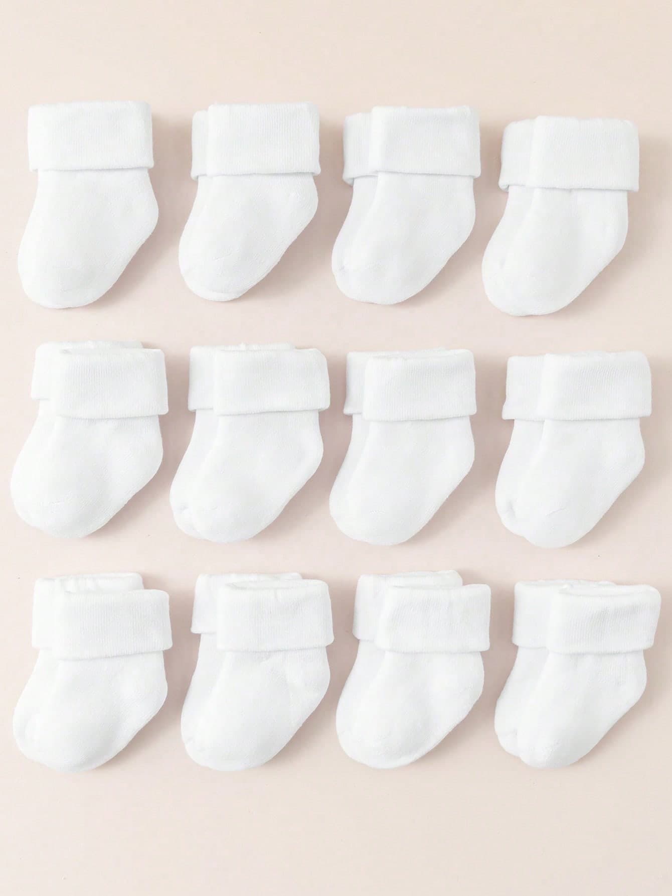 6 Pairs Newborn Baby Pure White Solid Color Flat Cuff Socks, Soft, Comfortable And Warm For Autumn/Winter