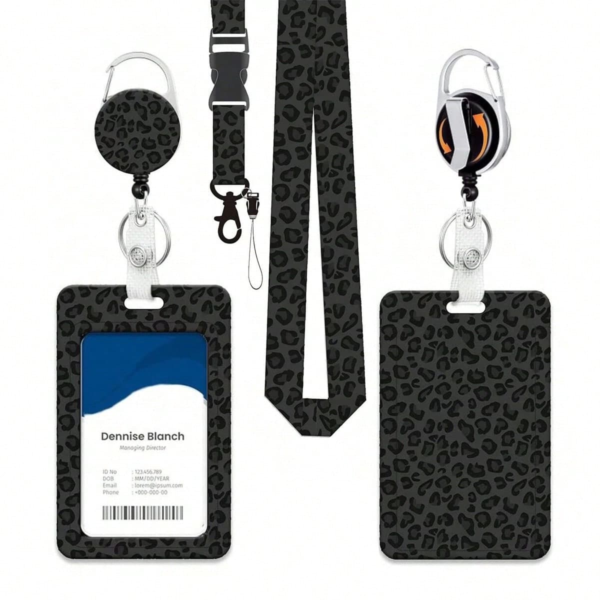 1pc (Badge Clip + Lanyard + Card Holder) Cool Black Leopard Print Teacher ID Badge Clip With Rotating Clip, Nurse Badge Reel Retractable ID Lanyard, Vertical Badge Card Protector Sleeve, Suitable For Healthcare, Social Workers, Men And Women Daily Office Supplies Badge Accessories