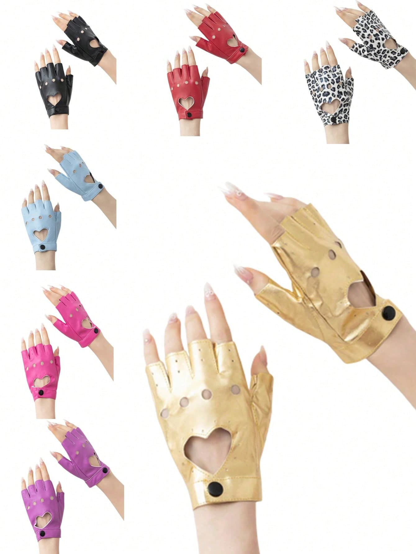 1 Pair Women's Solid Color Fashion Punk Fingerless Hollow Heart PU Leather Gloves, Suitable For Outdoor Sports, Cycling, Performance, Party, Street Wear Summer