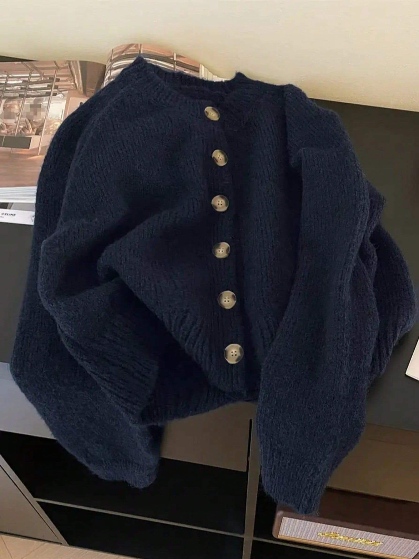Women Plus Size Dark Navy Fuzzy Knit Cardigan Crew Neck Long Sleeve Button Front Loose Soft Sweater Coat Casual Outerwear For Spring Autumn Daily Outf