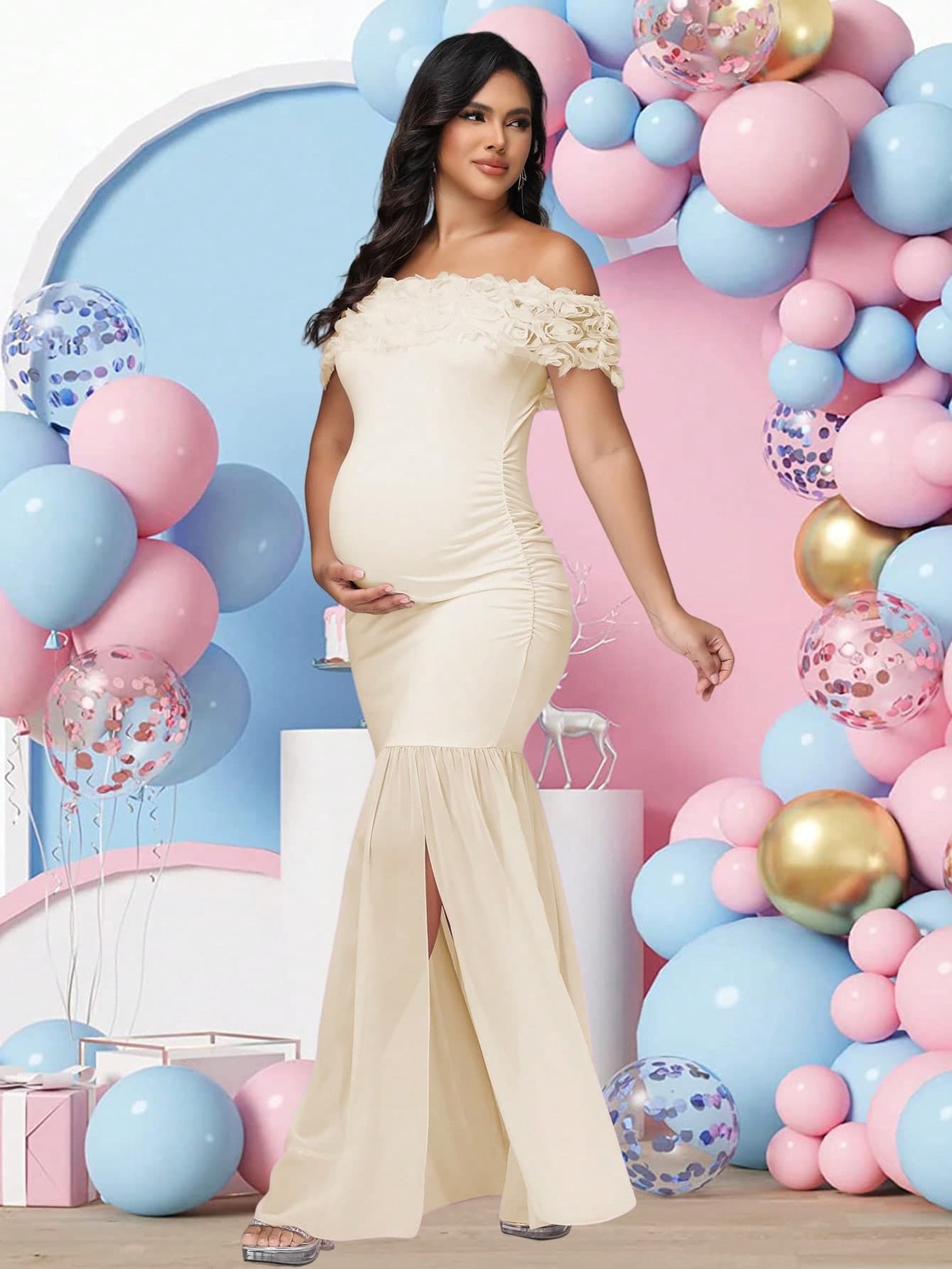 JustVH Maternity Floral Off-Shoulder Dress Elegant Chiffon Slit Hem Gown For Baby Shower Photoshoot