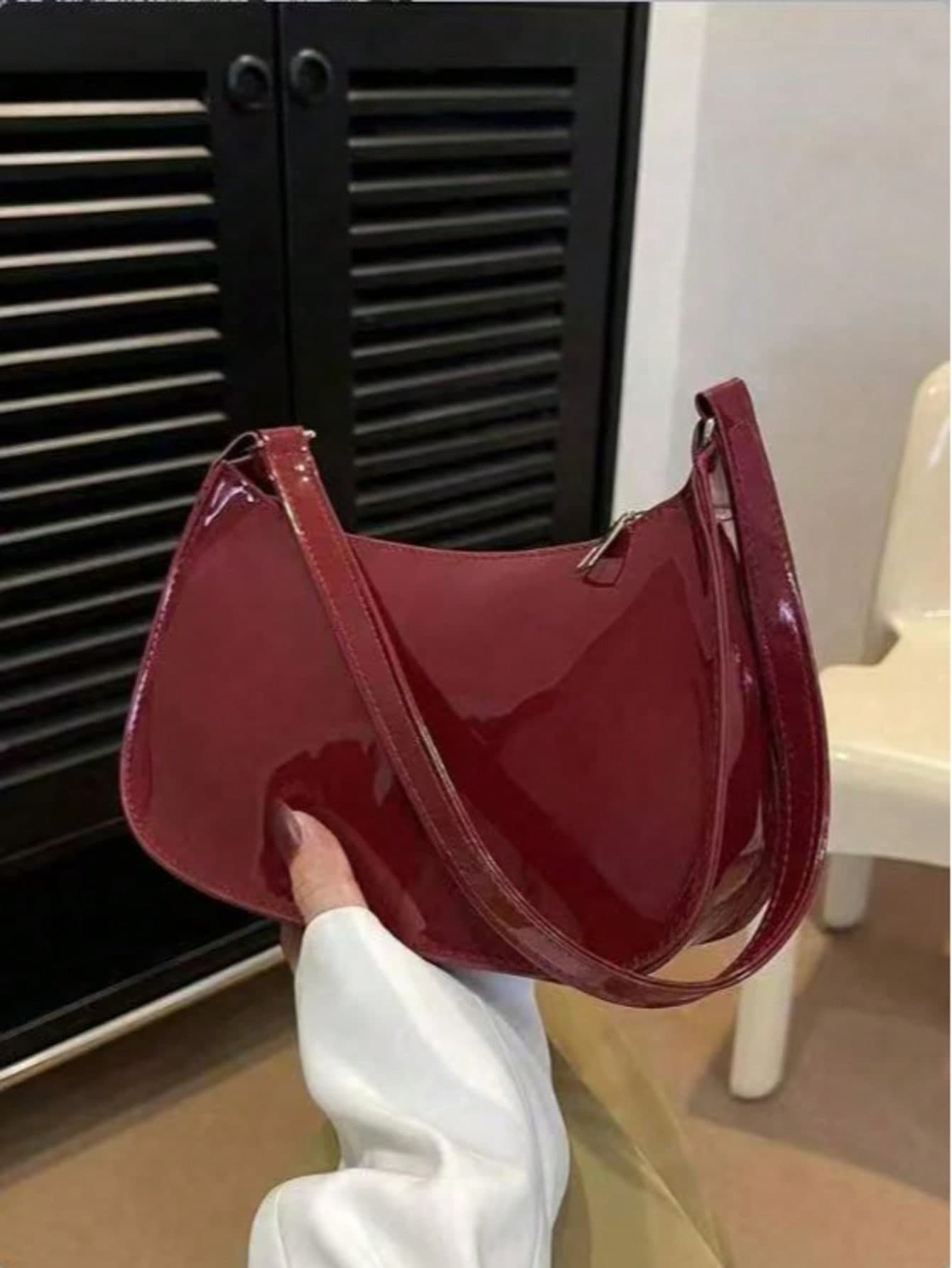 Solid Color Minimalist Zipper Shoulder Bag, Fashionable Crescent-Shaped Bag, Zipper Shoulder Bag Faux Leather Solid Color Wallet Burgundy Color Lingerie Pouch Ideal New Year Gift Fashionable Burgundy Handbag, Retro Style , Burgundy Bag