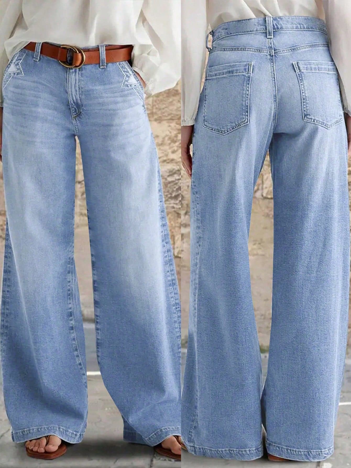 Women's New Distressed Stretch Wide Leg Straight Jeans Casual Spring