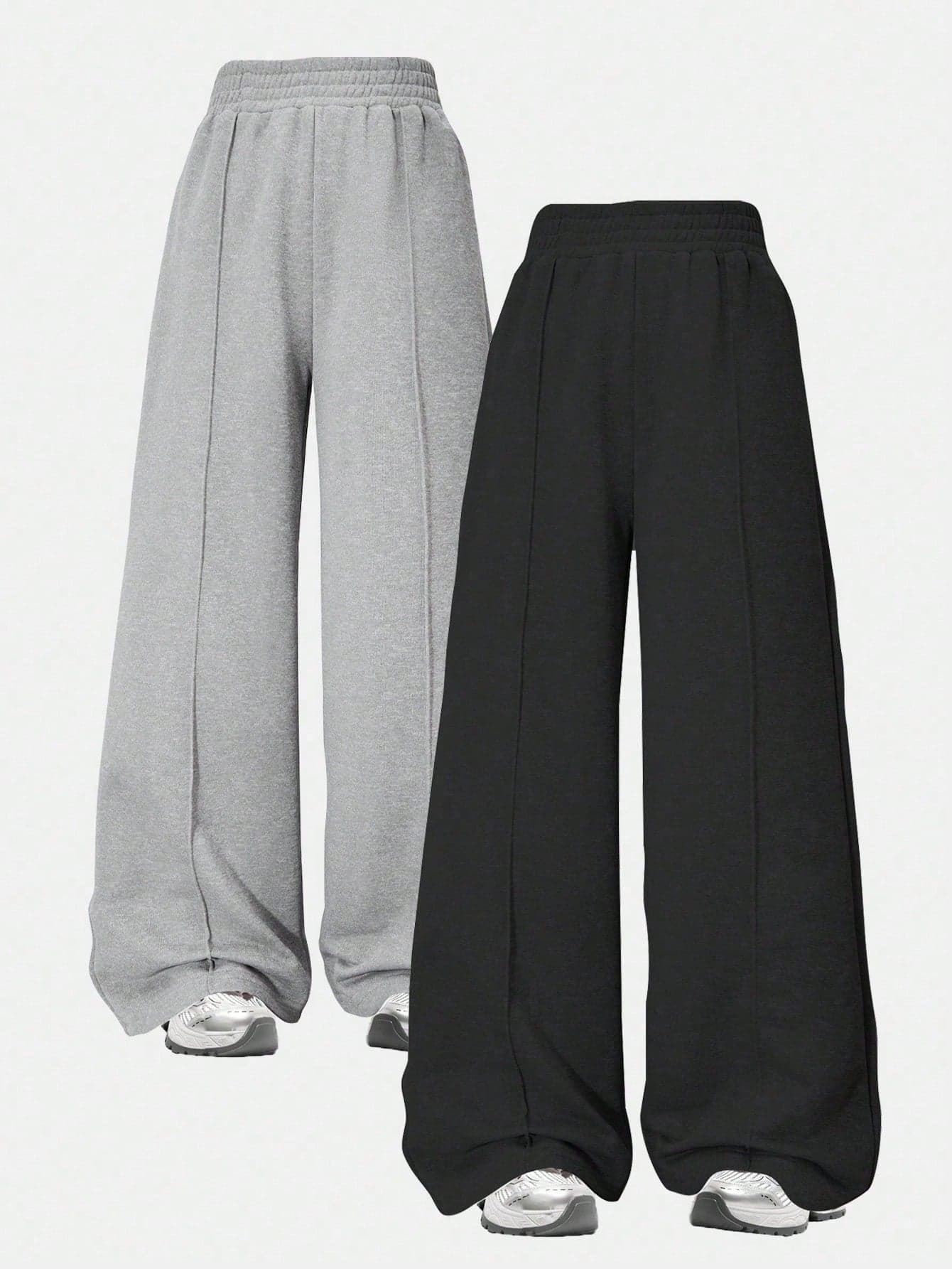 2pcs/Set Tween Girls' Street Style Solid Color Loose Straight Leg Casual Pants
