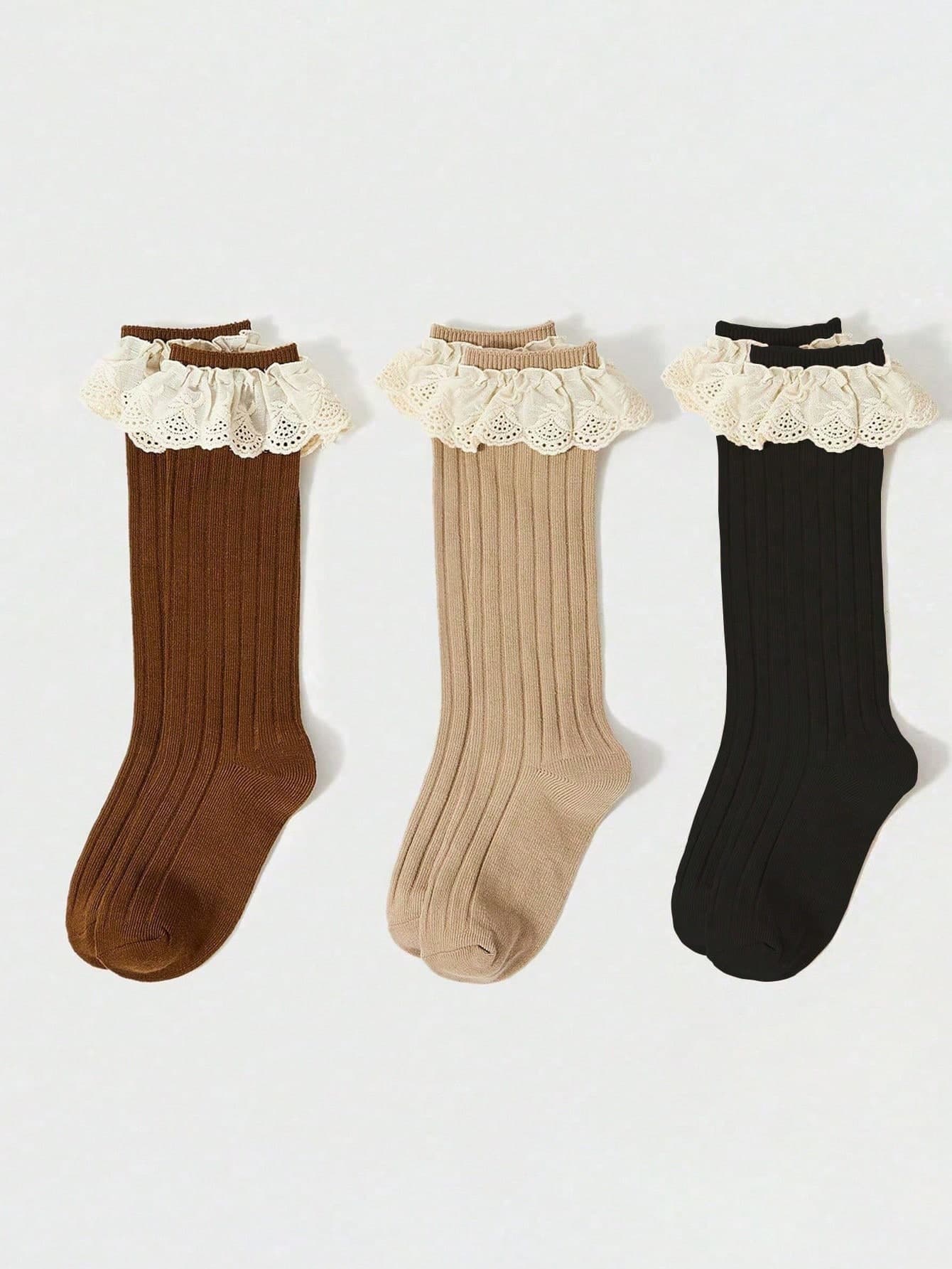 3 Pairs Girls' Simple Floral Trim Solid Color Knee-High Socks, Sweet & Cute For Everyday Wear