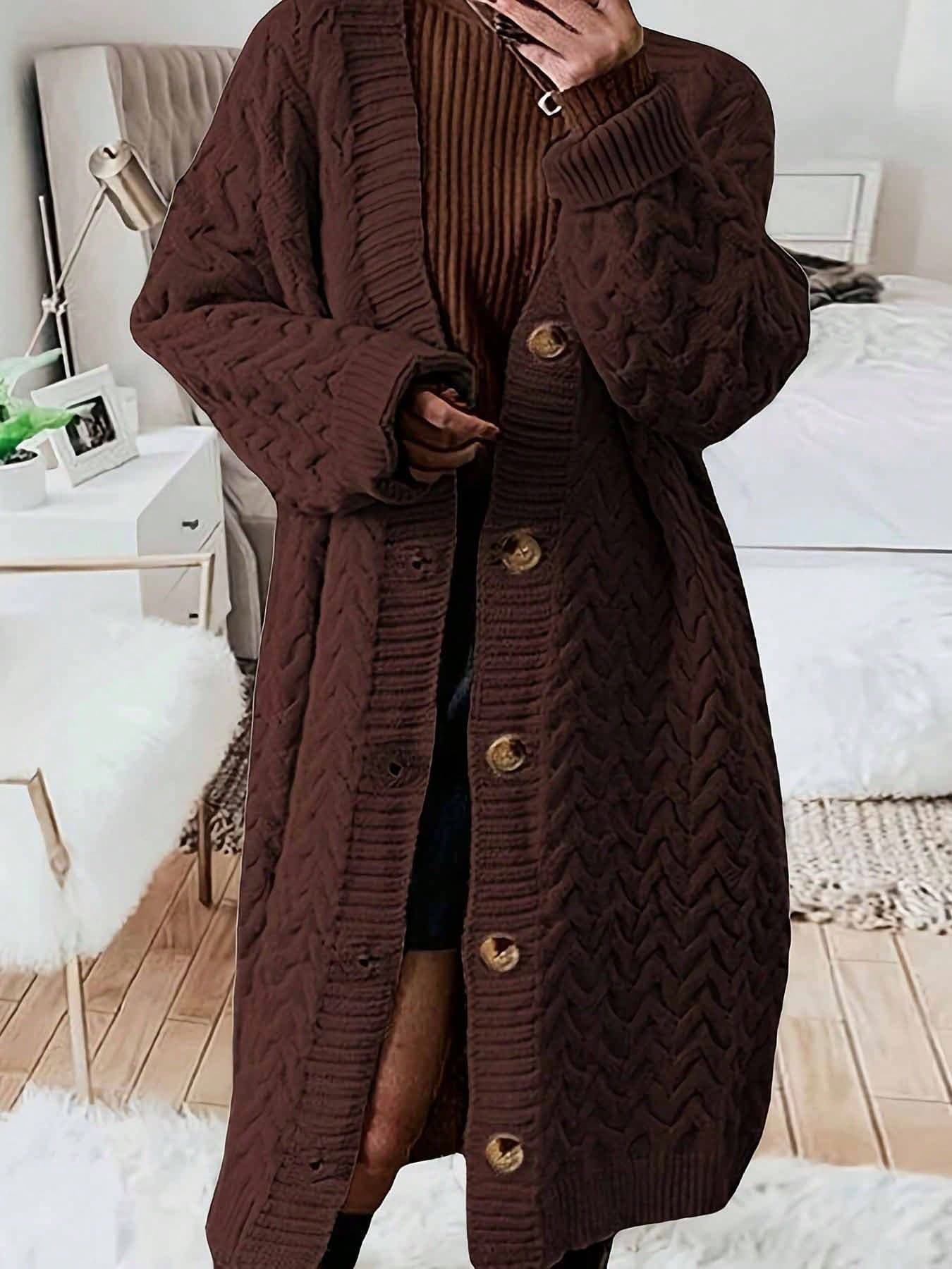 Plus Size Women Casual Long Cardigan, Drop Shoulder Long Sleeve Single-Breasted, Autumn/Winter Brown