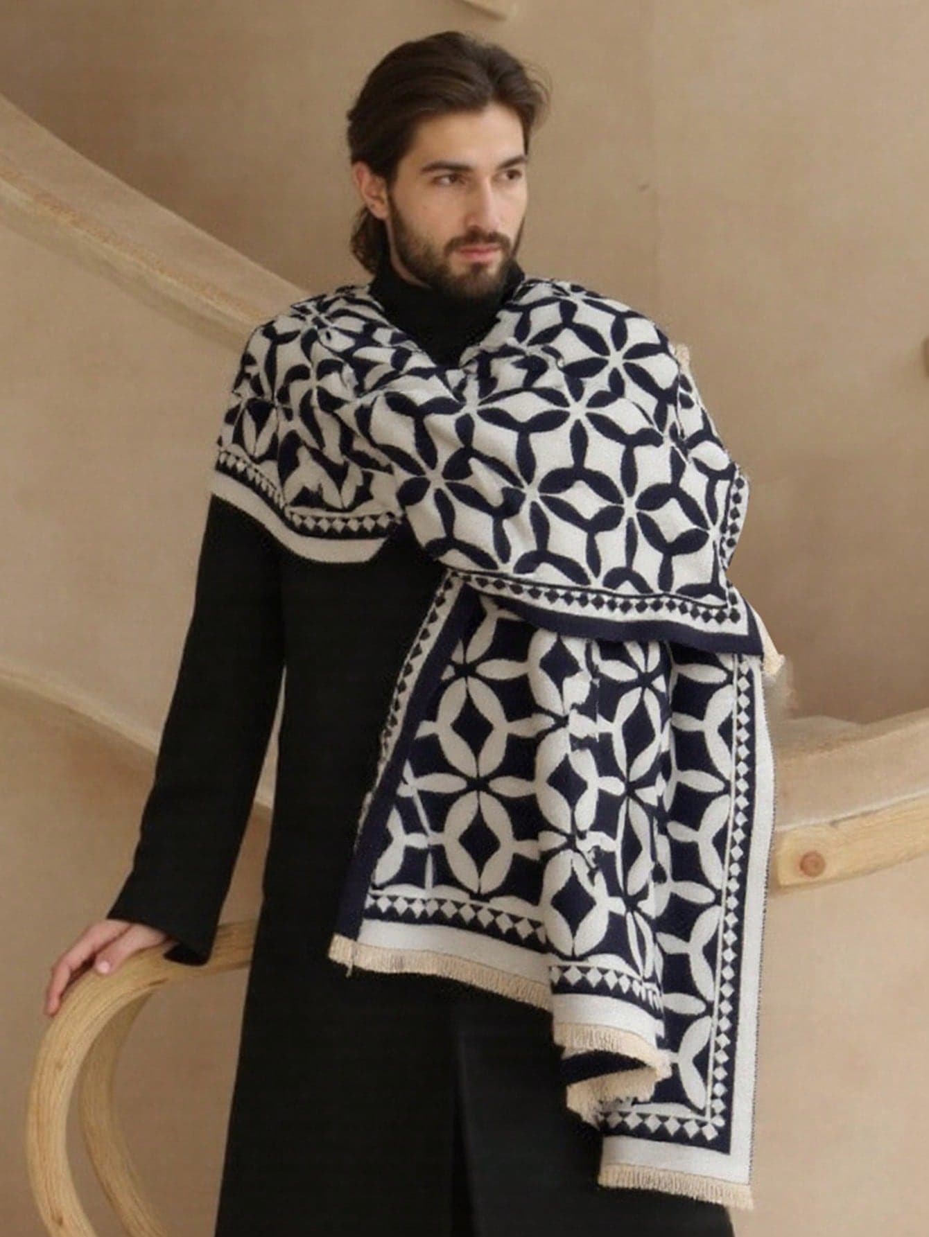 1pc Men's Minimalist Geometric Jacquard Faux Cashmere Warm Scarf, Fashion Versatile For Office, Street, Autumn/Winter, Suitable For Daily Matching