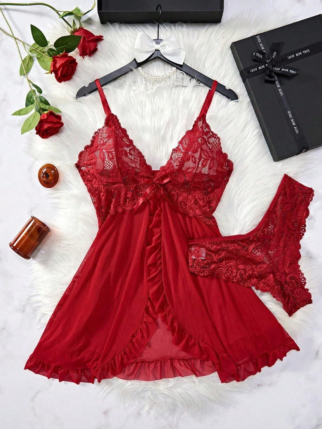 2pcs Plus Size Women's V-Neck Lace Mesh Patchwork Camisole Lingerie Set, Suitable For Sleepwear & Sexy Intimate, Christmas