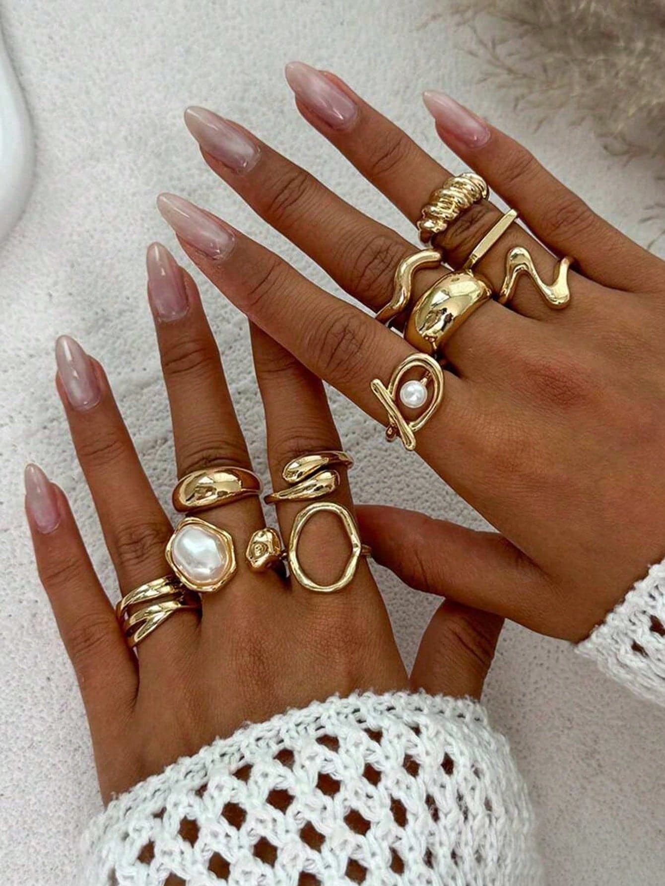 11pcs Vintage Punk Style Geometric Liquid Metal Women's Ring Set, Jewelry Gift Accessory For Daily Outfit