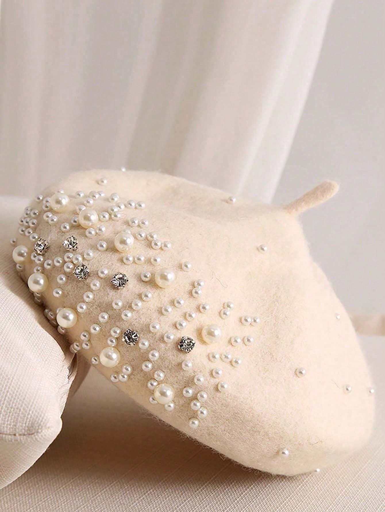 1pc Unisex Y2K Style Pearl & Rhinestone Beret Hat, Outdoor Windproof Casual Warm Winter Cap, Suitable For Daily Commute