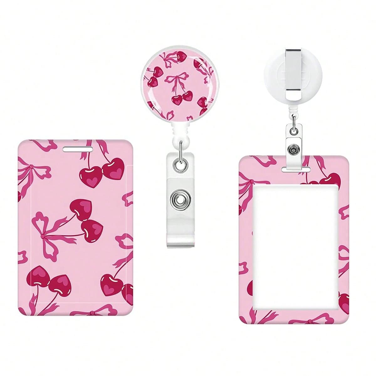 1pc (Badge Clip + Card Holder) Cute Sweet Pink Cherry Bow Nurse ID Badge Clip, Name Card Holder, Retractable Badge Reel, Versatile For Teachers, Students, Healthcare Workers, Ladies Office Accessories (Sweet Cherry Pattern)