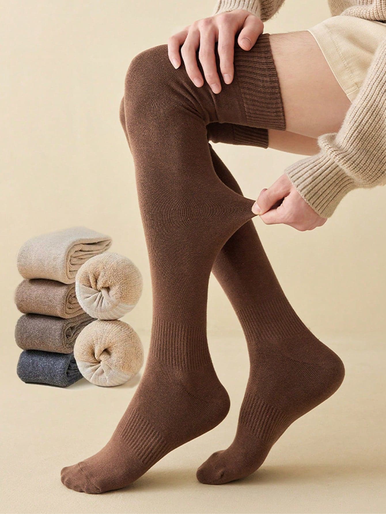 chuanwa(2) Women's Thick Knee High Socks, Warm Solid Color Fleece Lined Over-The-Knee Socks, Christmas Gift