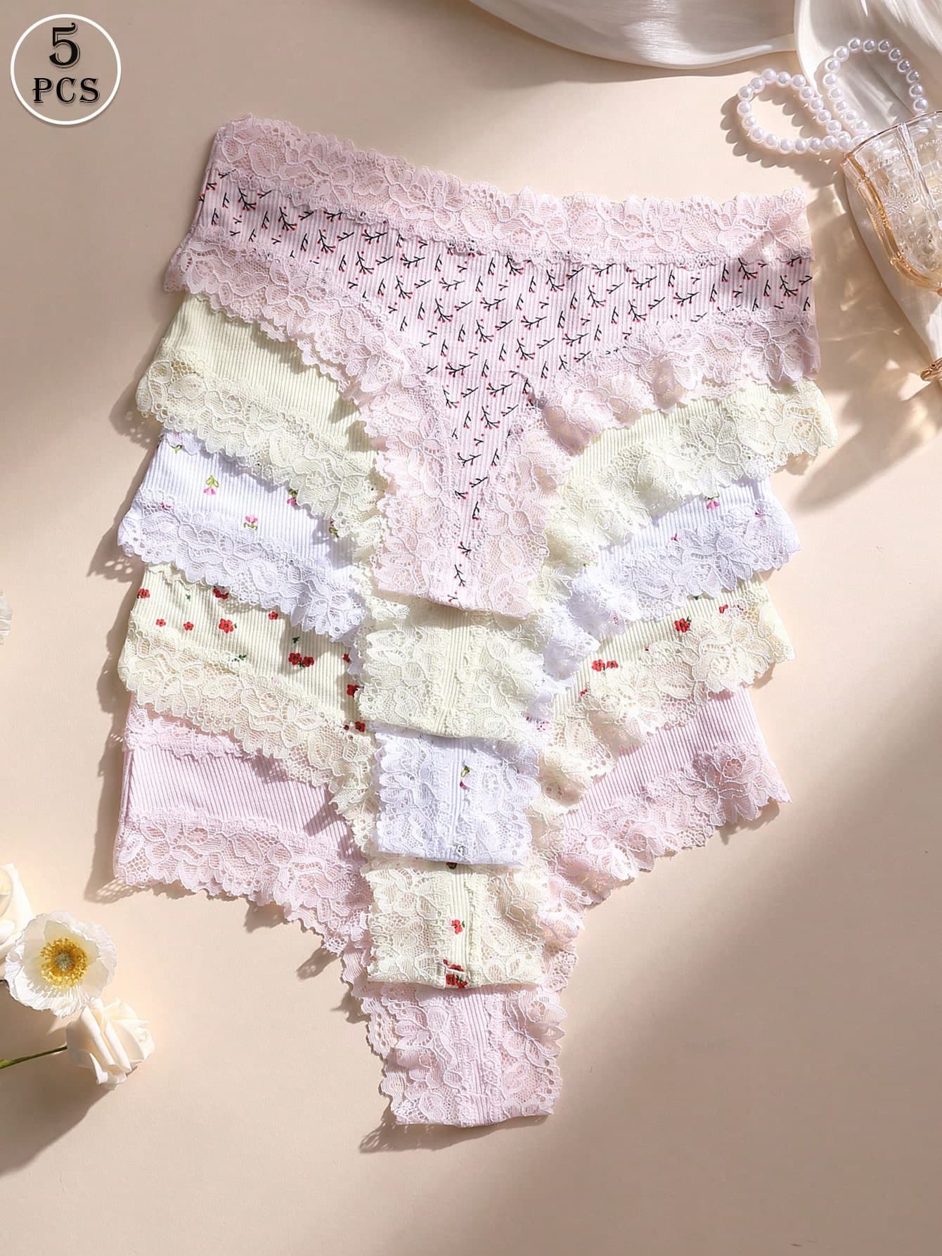 5pcs/Pack Women's Sexy Lace Patchwork Seamless Low-Rise Thong Panties, Soft, Comfortable, Breathable, Suitable For Yoga, Sports And Daily Wear