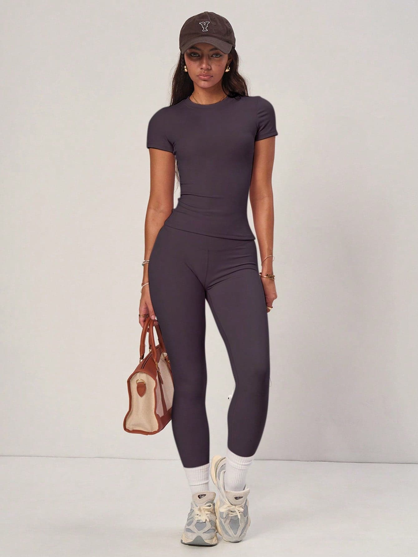 PinkTip High-Waisted Tight-Fit Eggplant Purple Top And Pants Set, Casual And Fitness Essential Item For Summer Sports