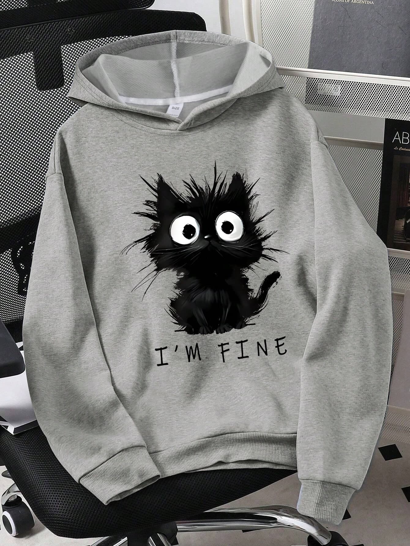 Street Fashion Black Cat Graphic Loose Long Sleeve Sweatshirt, Girl's Solid Color Sweatshirt, Suitable For Autumn/Winter Wear, Teen Style