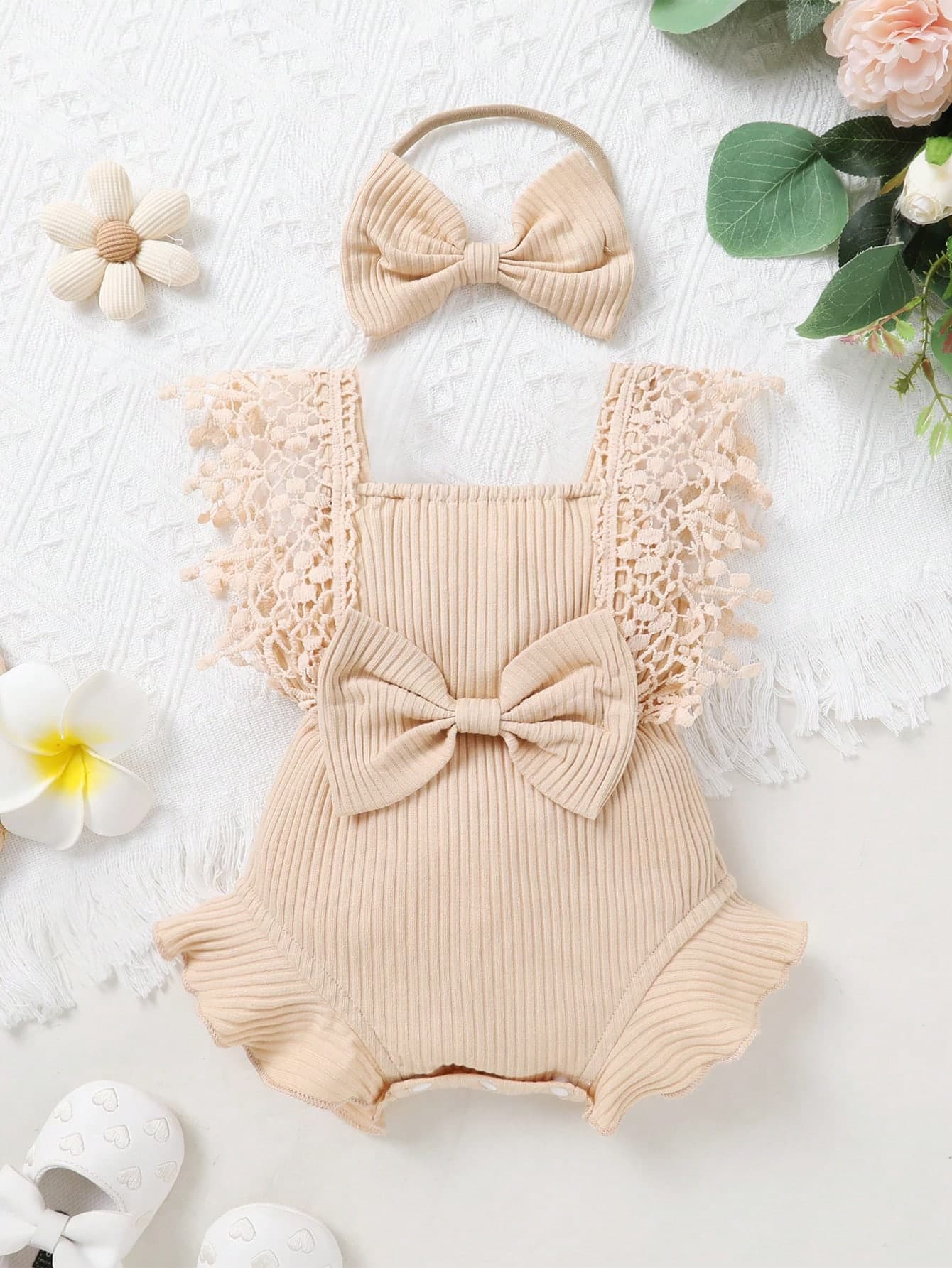 2pcs Set Casual Elegant Sweet Cute Baby Girl Bodysuit, Soft Breathable, Solid Color Hollow Lace Tassel Trim Dress Bodysuit And Headband Set