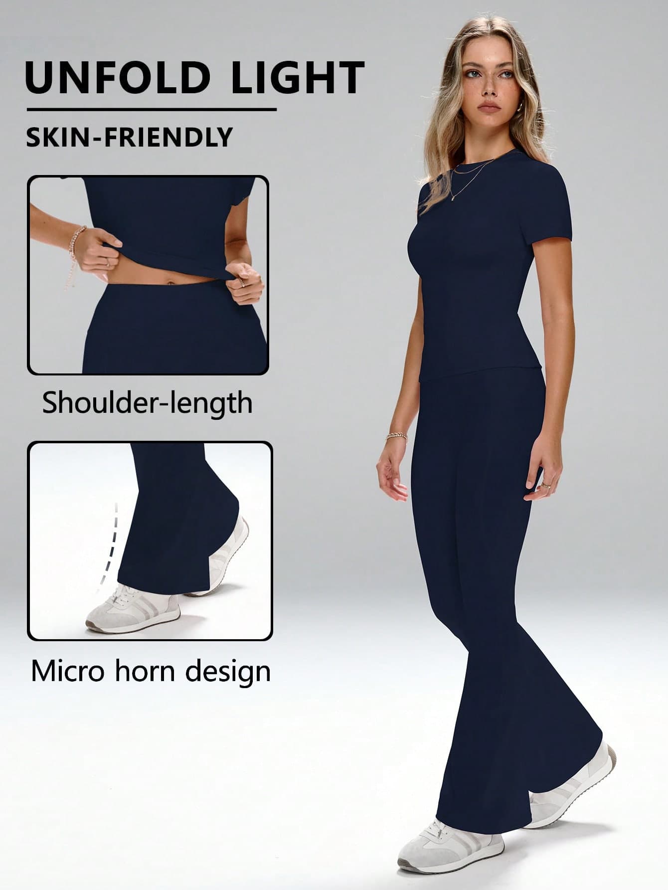 FWH Women's All-Match 2-Piece Set: Conservative And Versatile Design, Suitable For Outdoor Commuting, Office, Fitness And Yoga. Sweet And Elegant Gentle Style, With A Slim Fit. The Waist Uses Elastic Fabric To Effectively Cinch The Waist. Round Neck Short Sleeve Top Paired With High-Waisted Slimming Flare Sports Pants, Elongating The Leg Line.
