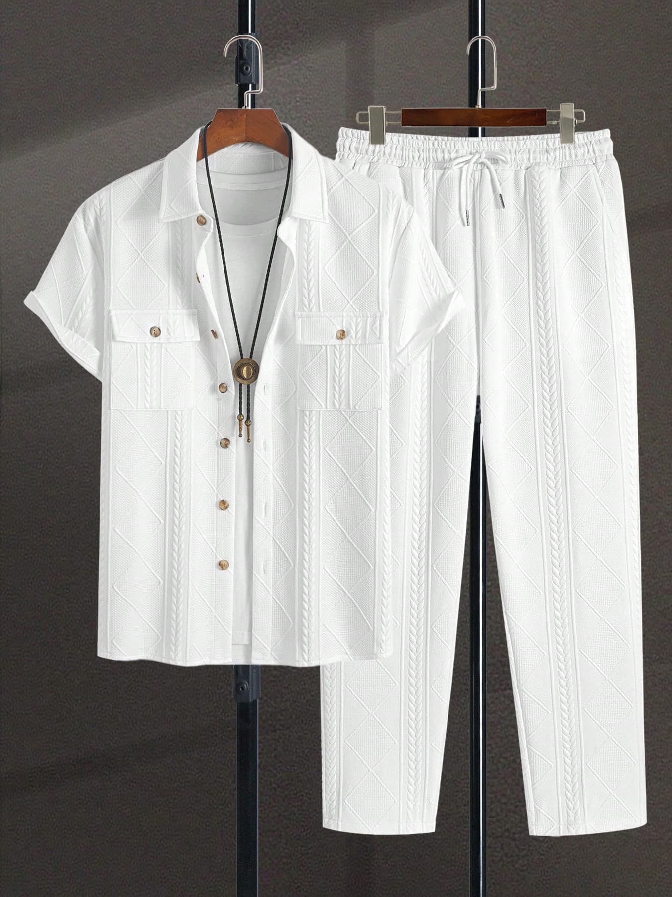 Men's Essential Diamond & Wheat Pattern Textured Elastic Knit Shirt & Pants, Cozy Outfits