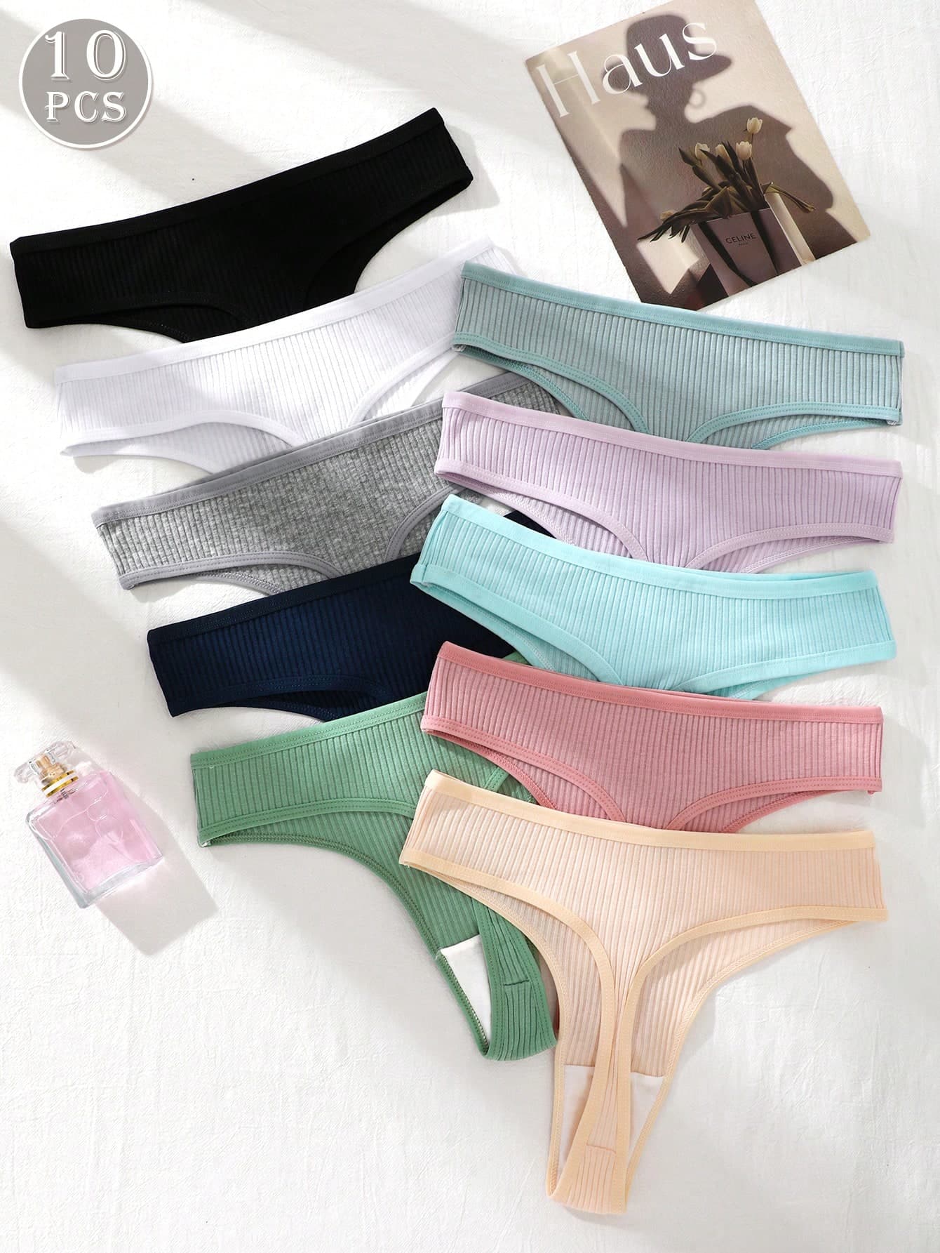 10pcs/Pack Women's Ribbed Thong Seamless Underwear Set, Comfortable Sexy T-Back Bikini Triangle Panties