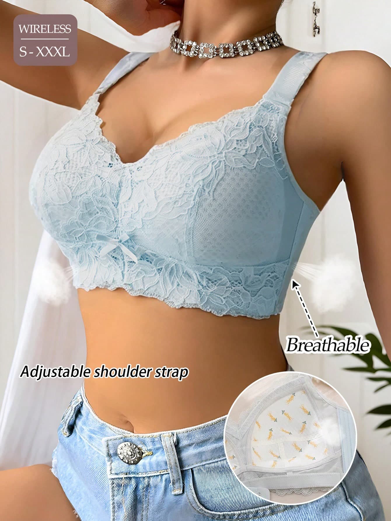 1pc Blue 1pc Lace Women's Lingerie Non-Wired Thin Breathable Quick-Dry Comfortable Side-Support Bra 4-Hook Adjustable High-End Full Coverage Elegant Bra