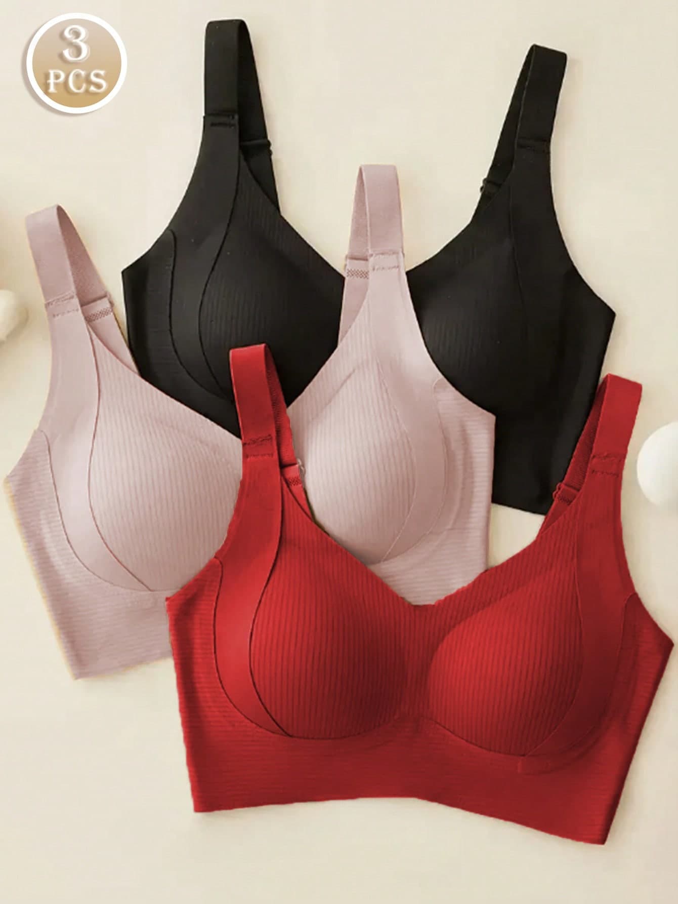 3pcs Women Seamless Breathable Wireless Sports Bras - Full Coverage Non-Slip Lift Support, Comfortable Fit With Ribbed Details, Elegant Solid Color