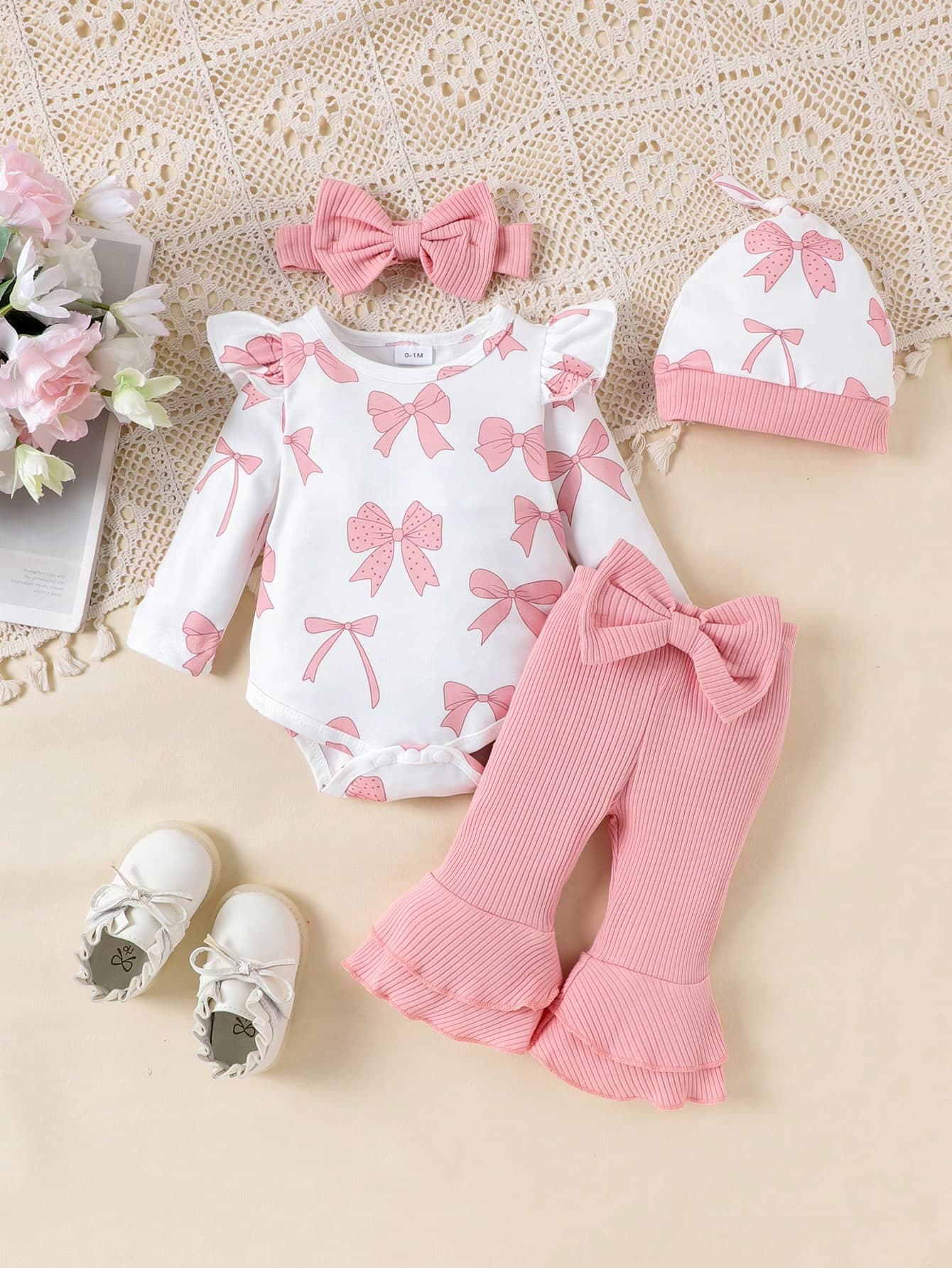 2pcs Newborn Baby (Girl) Cute Long Sleeve Printed Romper, Ribbed Pants, Hat And Headband Set, Spring/Autumn