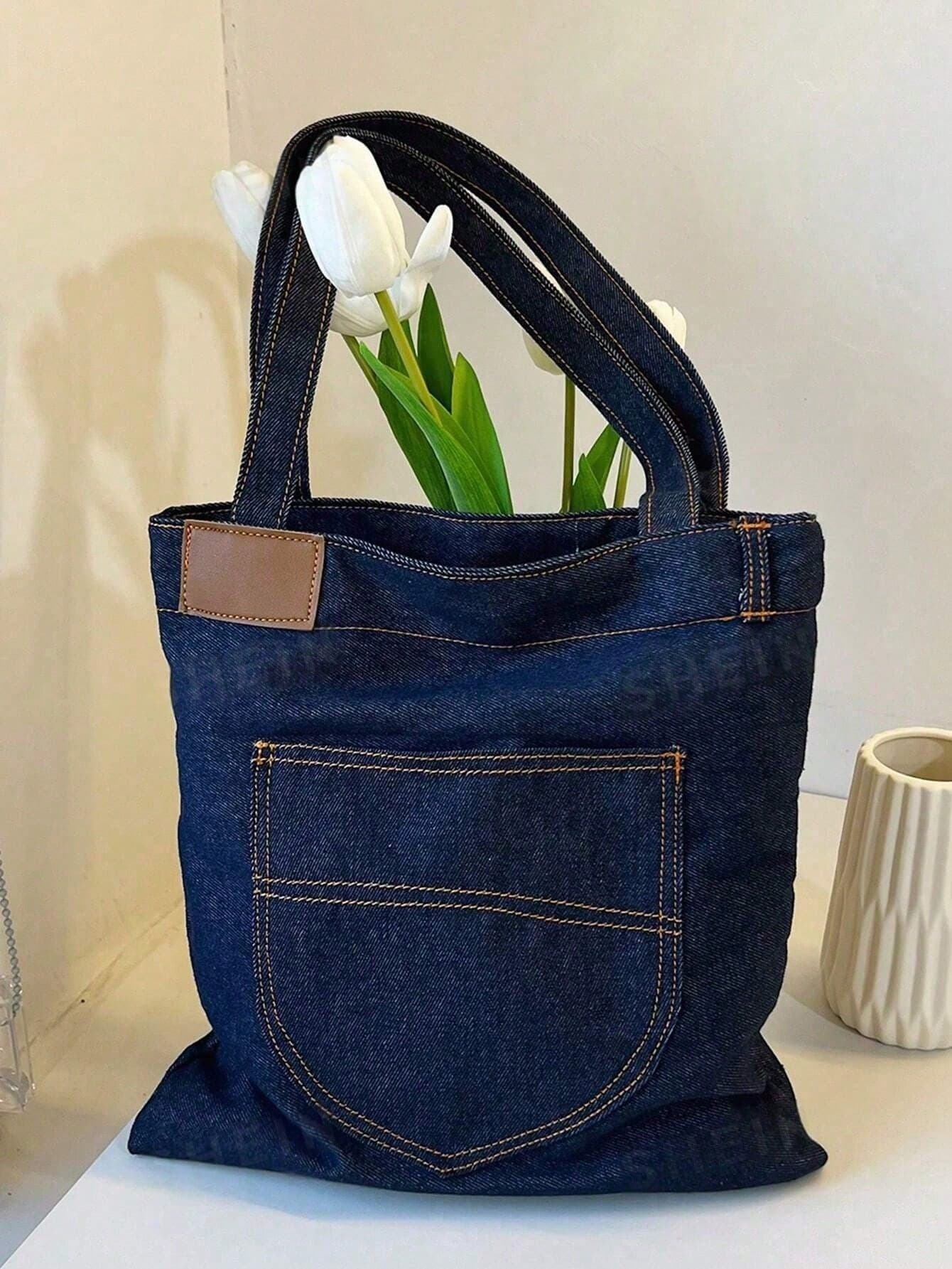 Navy Blue Solid Color Denim Shoulder Bag, Vintage Y2K Style, Large Capacity Lightweight Outdoor Underarm Bag, Portable Summer Travel Shopping Storage Handbag, Casual College Style Square Commuter Backpack, Student Version