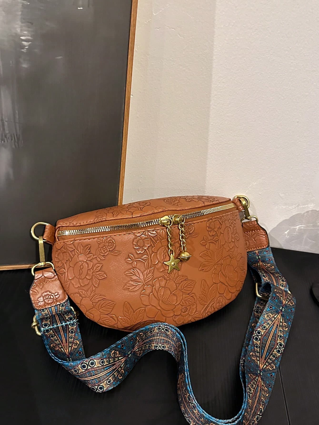 1pc Brown Pressed Floral Pu Fashionable Shoulder, Cross-body, Chest Bag, Waist Bag Suitable For Women Everyday Use, Dates Gift