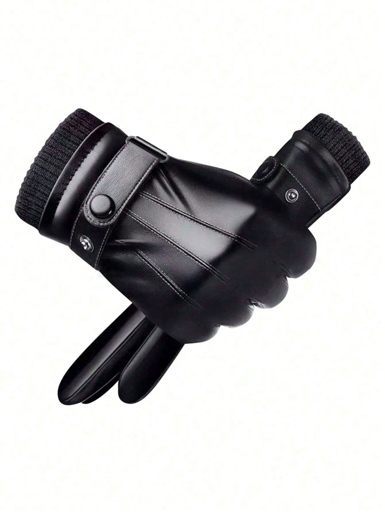1 Pair Men's Winter Warm Leather Gloves - Black Leather Material, Knitted Cuff Design, Adjustable Strap For Snug Fit, Thermal Lining For Warmth, Simple Business Style, Suitable For Winter Daily Commute, Driving And More, Practical And Stylish Warm Gloves | Leather Warmth | Business Style Snow Gloves,Summer,Festival