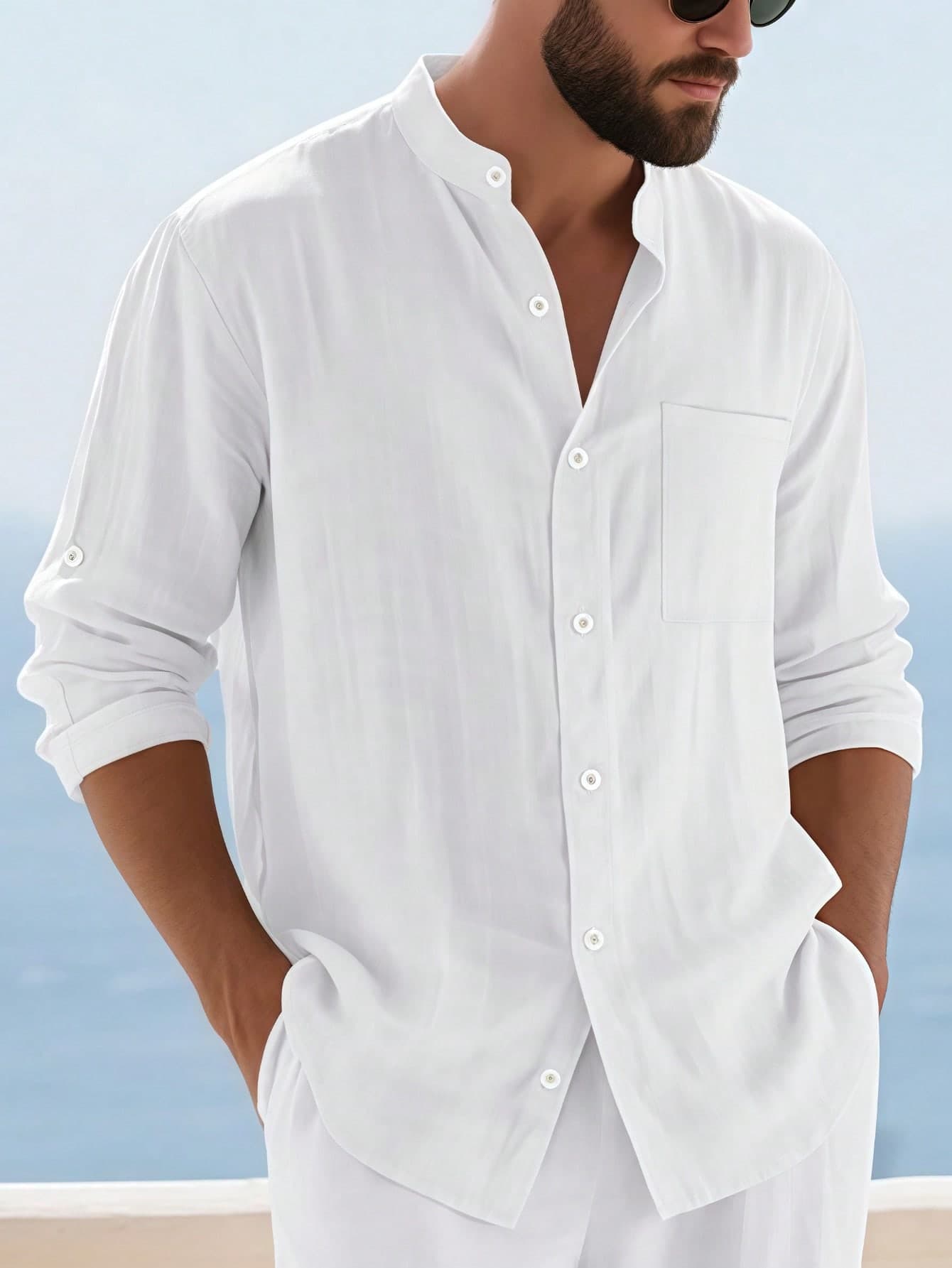 European & American Men's Linen Stand Collar Long Sleeve Casual Button-Up Shirt With Roll-Up Sleeves Beach Top (White Semi-Sheer)