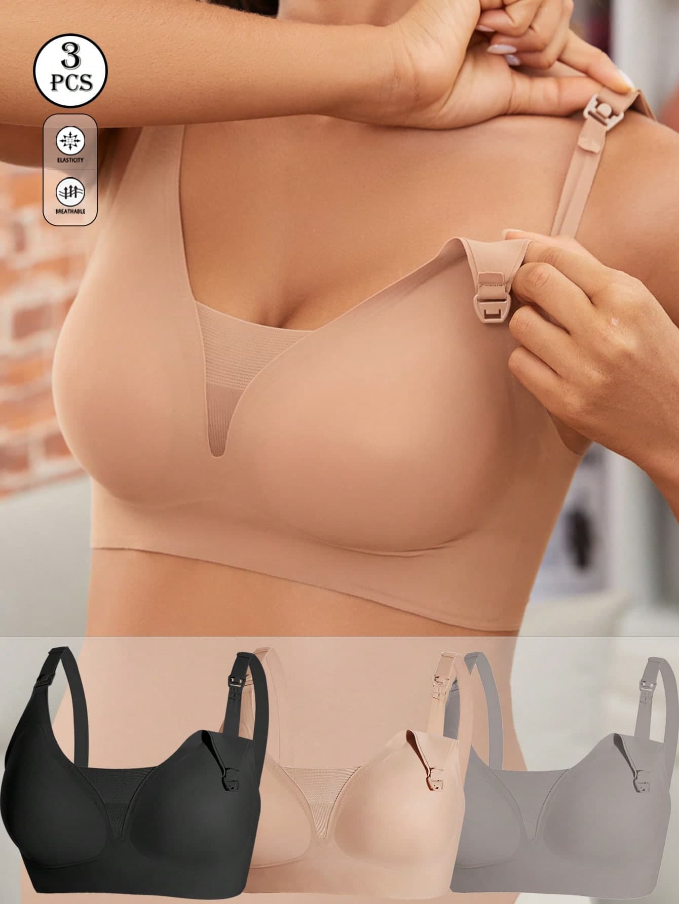 3pcs Maternity & Nursing Bras, Deep V-Neck Sexy Front Closure Breastfeeding Bras, Comfortable Seamless Lift & Support, Suitable For All Seasons