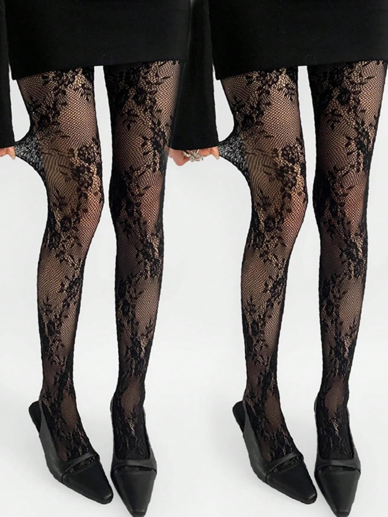 1/2 Pairs Flower Pattern Women's Mesh Socks Lace Lace Hollow Socks Sexy Retro Flower Vine Rose Side Leaves Breathable Mesh Fabric Pants Tight Socks