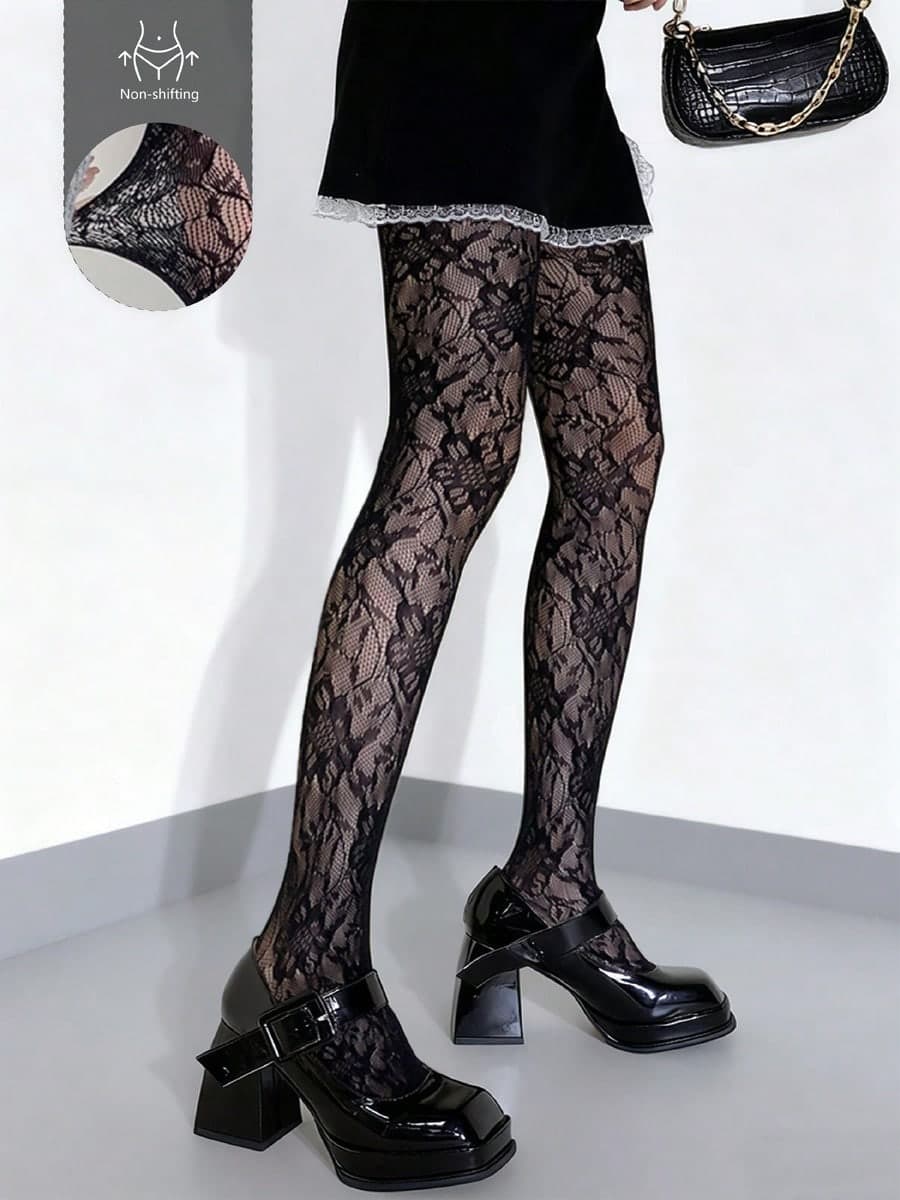 Women's Sexy Sunflower Floral Jacquard Lace-Up Fishnet Stockings/Pantyhose, Fashionable Mesh Thigh High Socks, High Elasticity Sweet Sexy Leggings