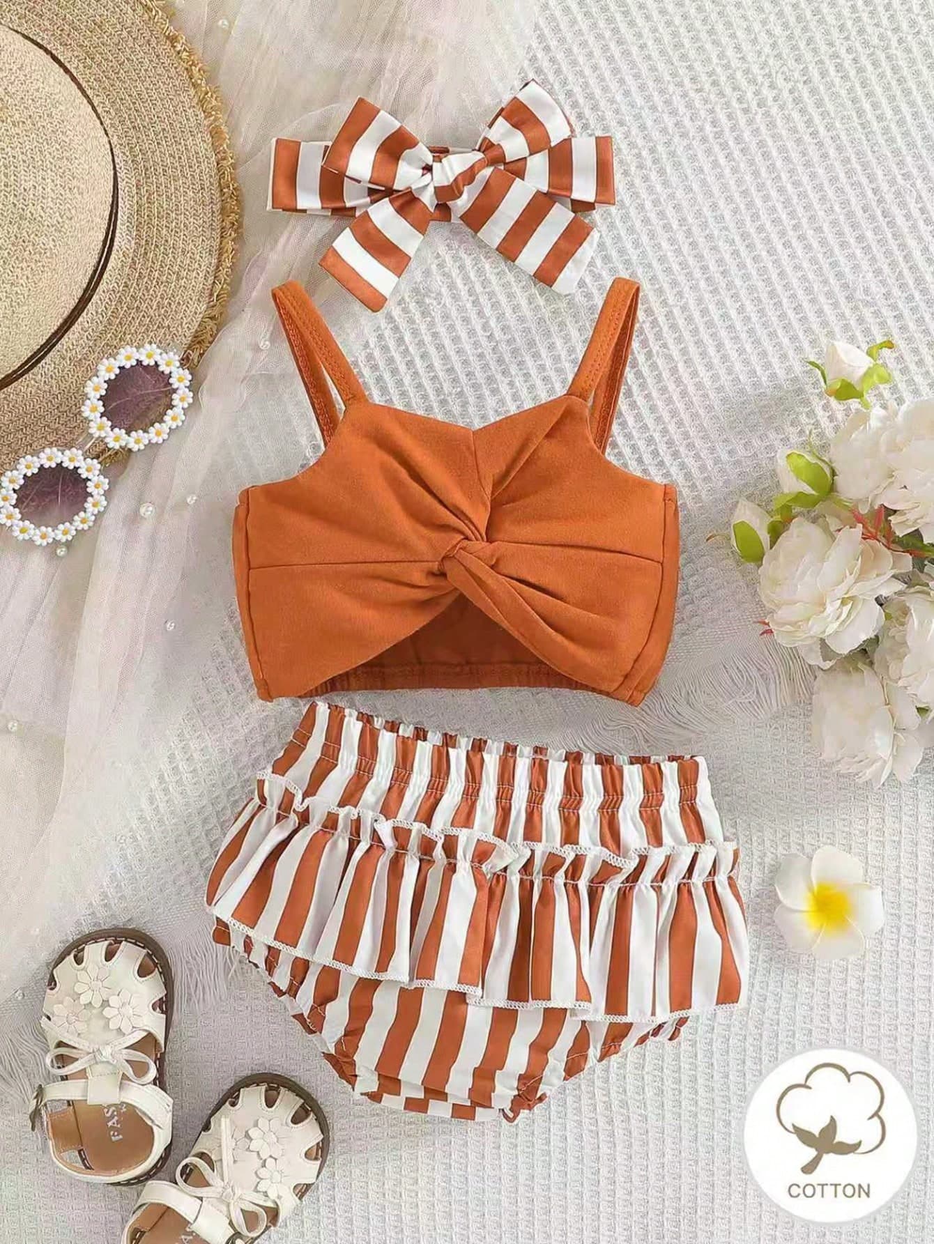 3pcs/Set Baby Girls Summer Holiday Casual Twist Tank Top, Striped Ruffle Hem Shorts And Headband, Beach Play Outfit