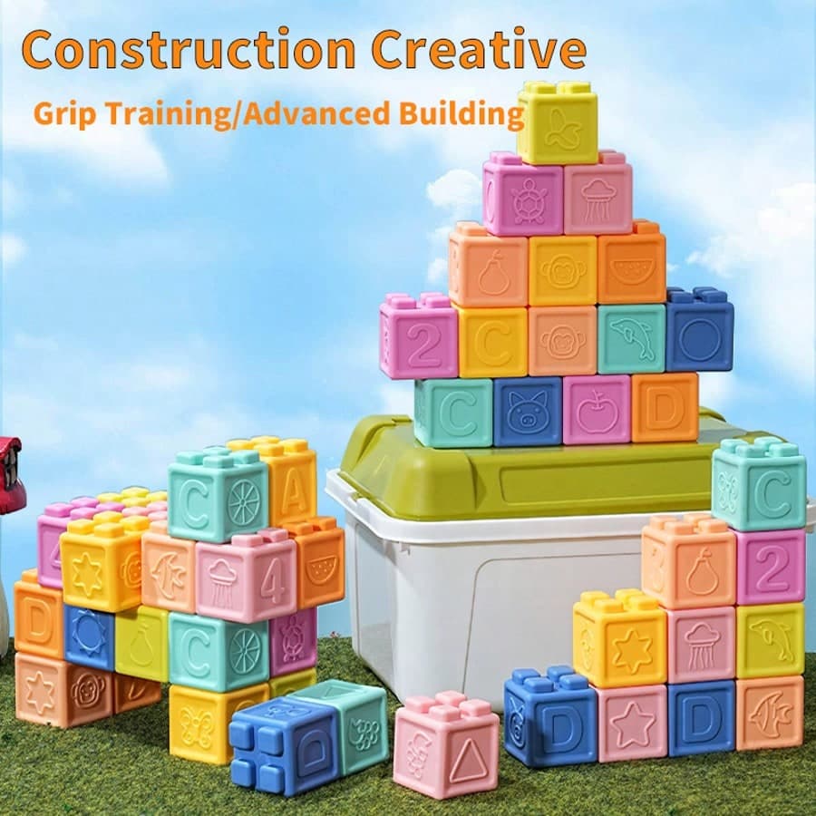 A Baby Blocks,Toddler Blocks,Stacking & Building Toys For Babies, 8/16/24/32/40/48+Box Soft & Educational Blocks- Numbers, Shapes, Baby Blocks For Baby Shower,Colors, Animals- One Two Squeeze- 6 Months +,Stacking Toys For Toddlers 1-3,Random Color,For Back-To-School Season, Halloween, Christmas