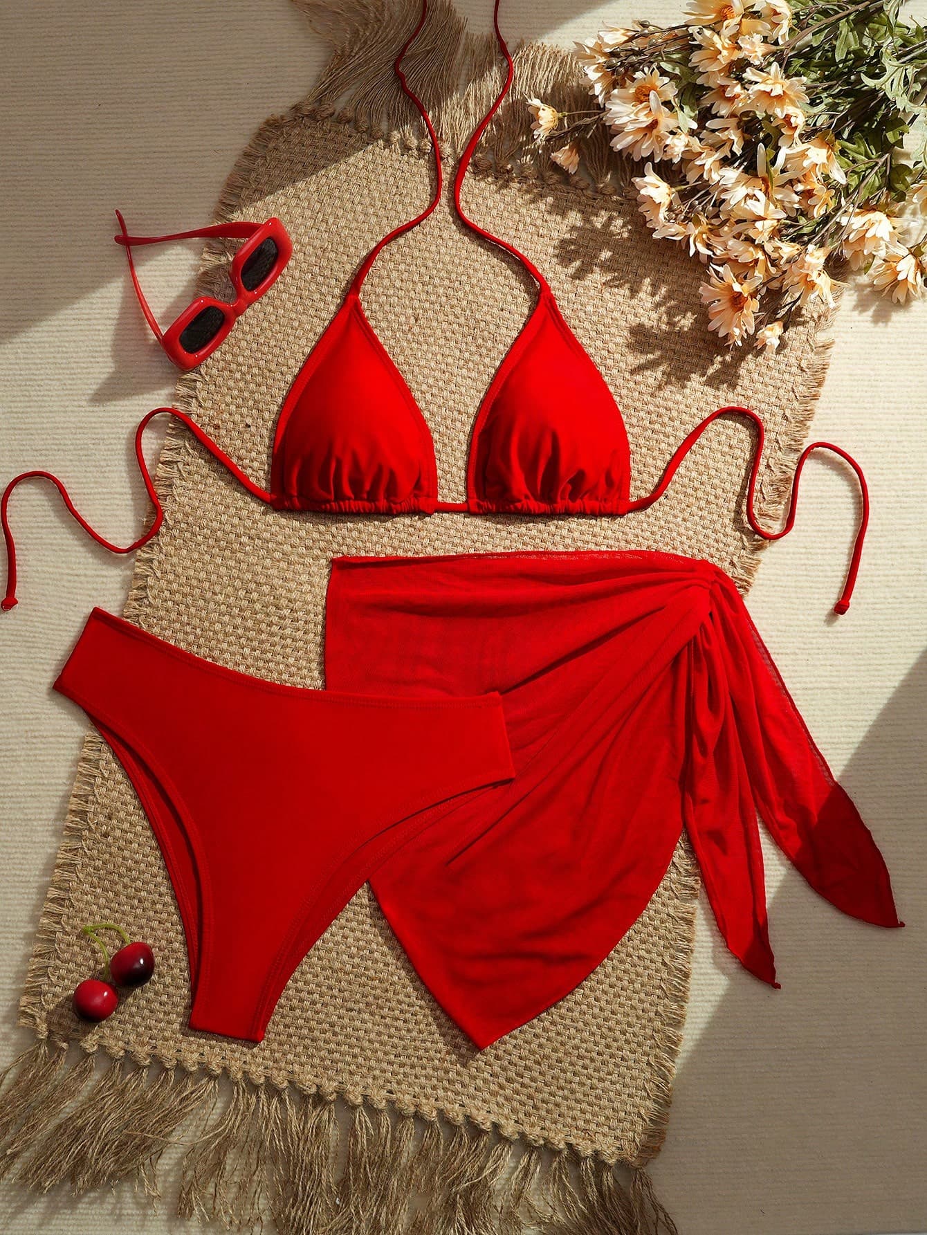 Solid Color Casual Backless Twist Bikini Set, Beach Vacation Summer Red