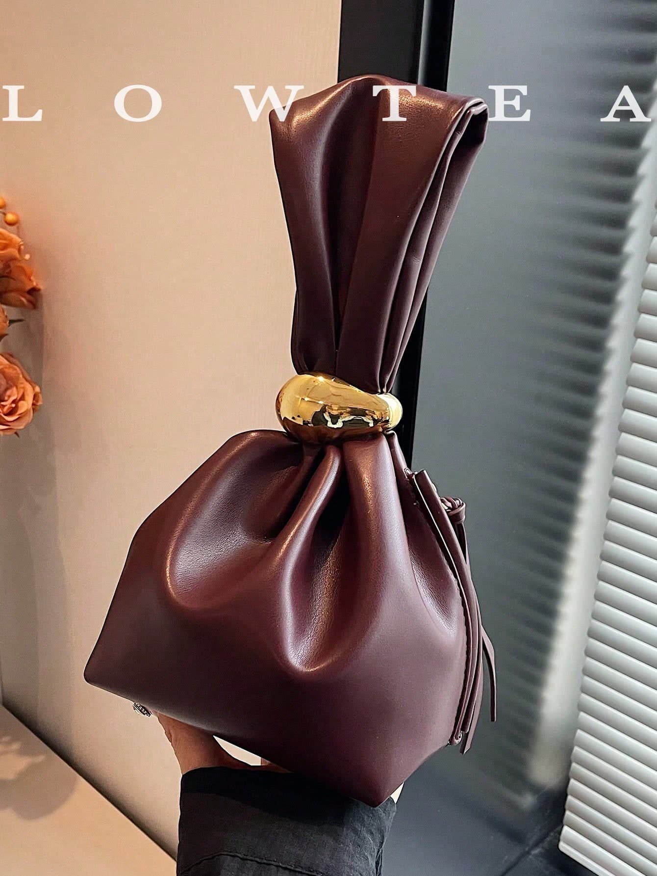 low tea 1pc Solid Color PU Leather Handbag, Burgundy Ancora Design, Women's Personalized Mini Cloud Pleated Bag With Metal Decor Zipper Closure, Suitable For Daily And Outdoor Use , New Year , Burgundy Bag