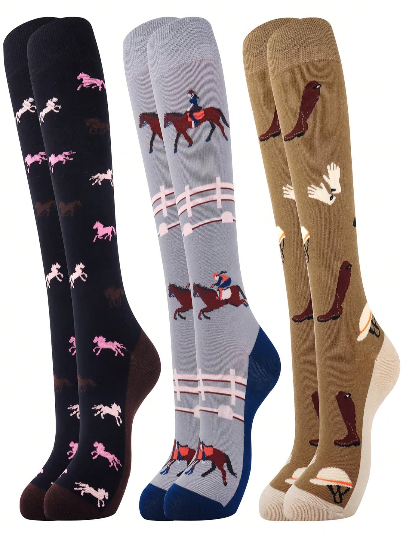 3 Pairs Women's Knee High Horse Riding Socks, Comfortable Outdoor Ladies Socks, Animal Party Horse Lover Gift Socks, Novelty Socks Gift For Mom, Girlfriend, Horse Pattern Knee High Socks, Christmas Gift, Party Favor, Y2k, Cozy