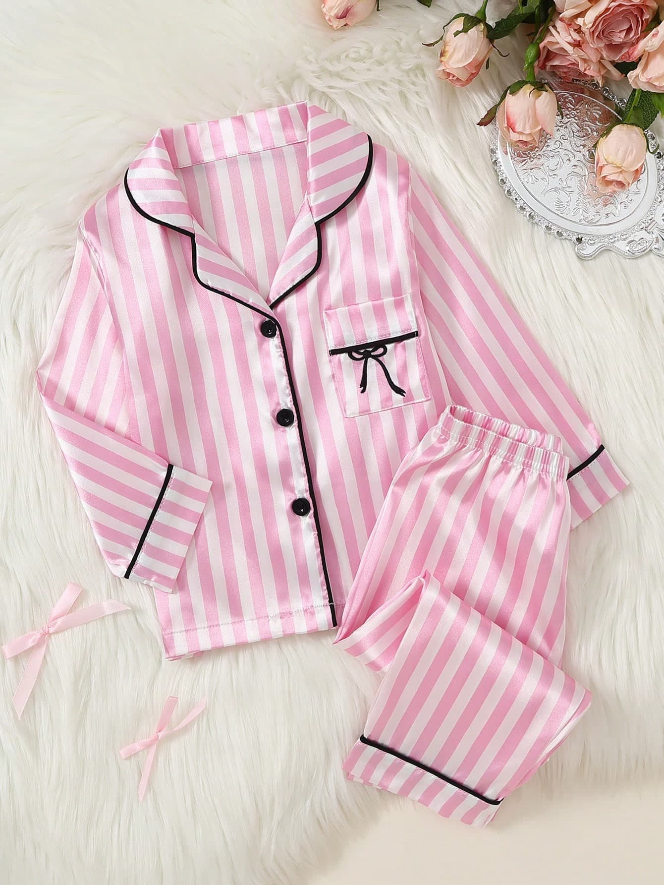 Baby Girls' Bow Embroidered Soft Comfortable Long Sleeve Cardigan And Pants Homewear Set, Pink Striped Fabric