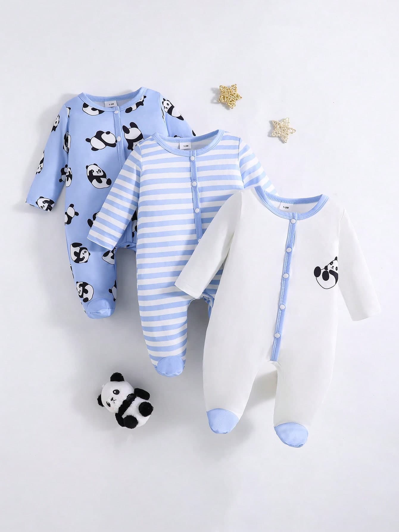 3pcs Baby Boy Cute Cartoon Panda & Striped Print Long Sleeve Footie Jumpsuit, Suitable For All Seasons
