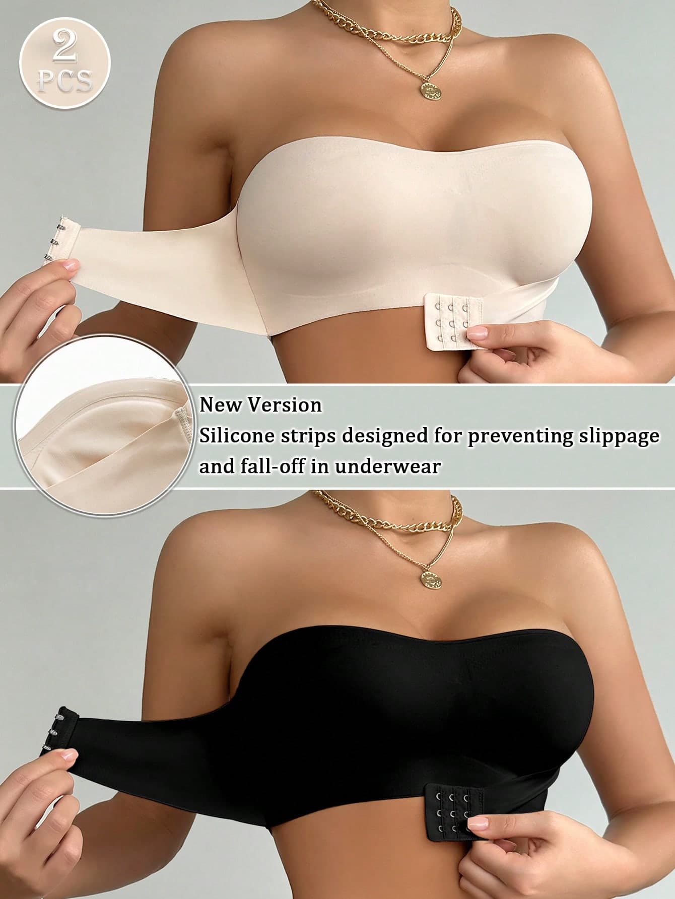 2pcs Front Closure Strapless Bra, Upgraded Non-Slip Silicone Strip, Soft Thin Cup, Wireless Push-Up Women's Lingerie, Black And Beige