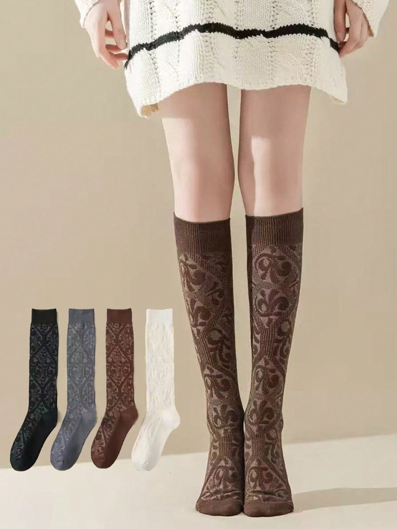 4 Color Options, 1/2/4 Pairs Women Vintage Floral Patterned Knee High Socks, Pair With Skirts, Harajuku Style, Solid Color Versatile All Season