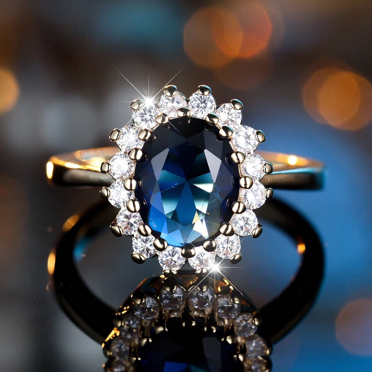 1pc Elegant Oval Blue Synthetic Zirconia Gold Plated Women's Ring, Luxury For Festive Gatherings And Everyday Wear, Suitable For All Seasons