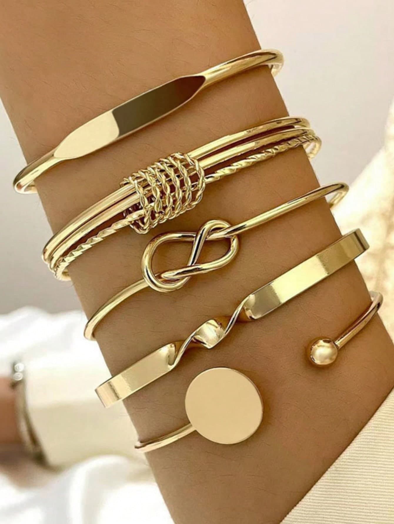 5pcs/Set European And American Minimalist Chain Bracelet, Fashion Gold Mixed Open Knot Bangle, Suitable For Wedding, Ball, Music Festival, Holiday Wear