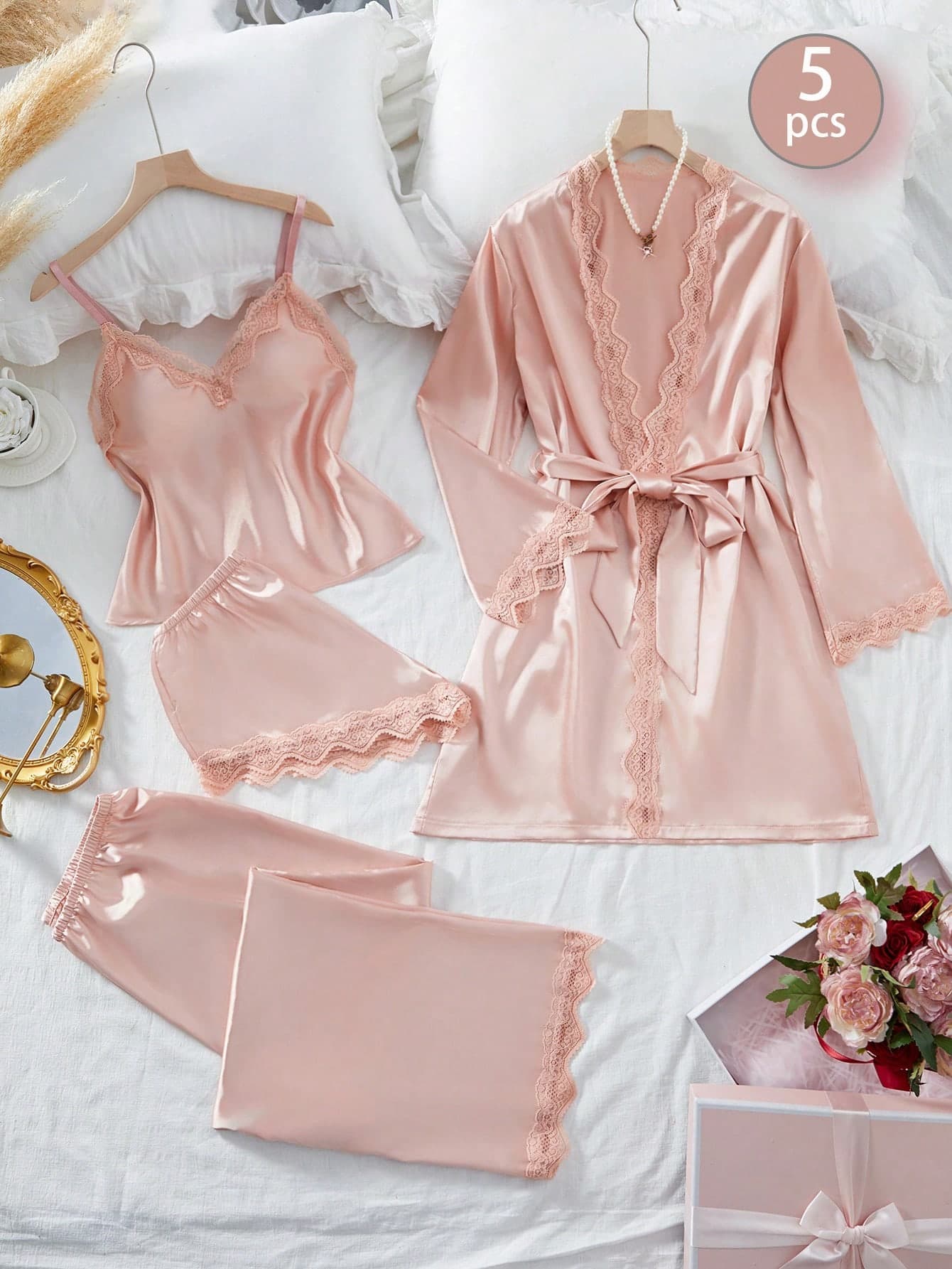 5pcs Solid Satin & Lace Patchwork Sleepwear Set, Including Long Sleeve Robe, V-Neck Camisole, Shorts, Pants And Belt, Elegant Nightwear And Loungewear For Women