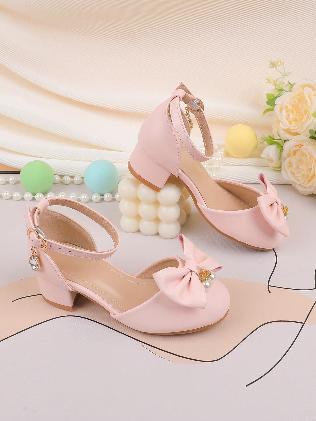 Sweet Cute Flower Girl Girls' Shoes, Suitable For Big, Medium And Small Girls, Children's Shoes, Baby Shoes, Small Shoes, Girls' Fashion Pink Bow Pearl Four Seasons Holiday Elegant High Heel Thick Heel Shoes, Formal Dress, Dress, Performance Shoes, Dance Mary Jane Princess Shoes