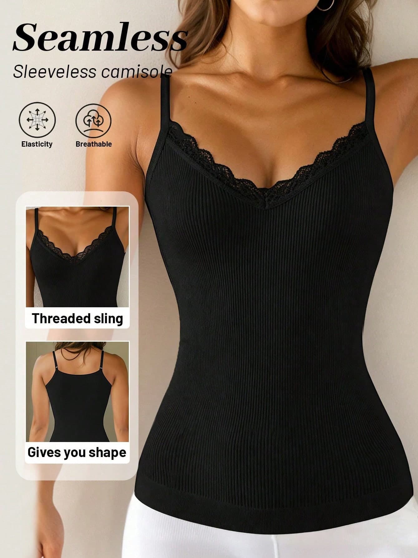 1pc Lace Patchwork Ribbed Tank Top, Solid Color Shaping Camisole, Suitable For Casual And Formal Occasions