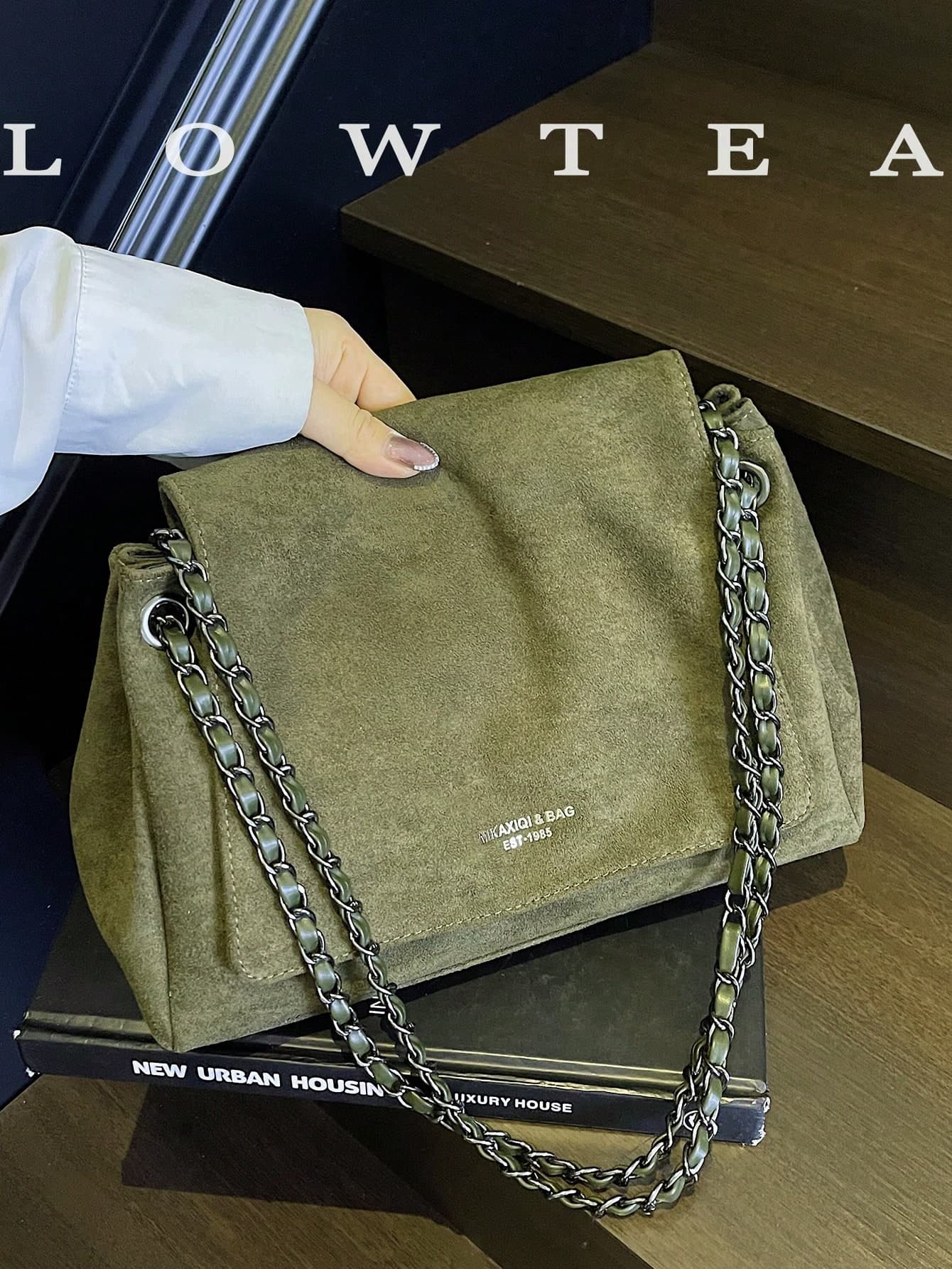low tea 1pc Solid Color Suede Fabric Women's Vintage Fashion Shoulder Bag, Square Shape, Chain Strap, Flap Closure, Can Be Used As Shoulder Or Crossbody Bag, Suitable For Travel, Shopping, Dating, Women's Gift, Perfect For Commuting, Outdoor, Travel, Outing